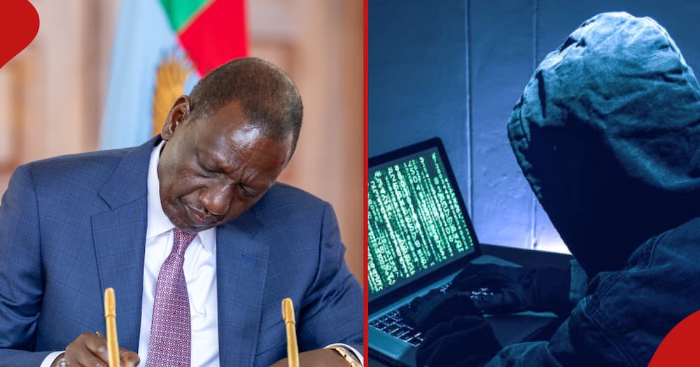 President William Ruto writing and a man hacking into a computer.