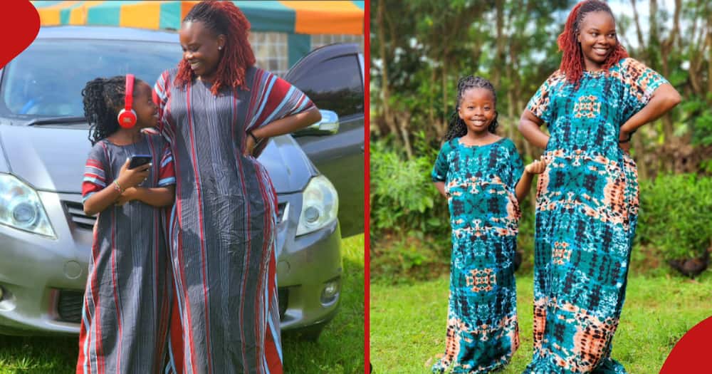 Yvette Obura and her daughter Mueni donning matching outfits during outdoor events.