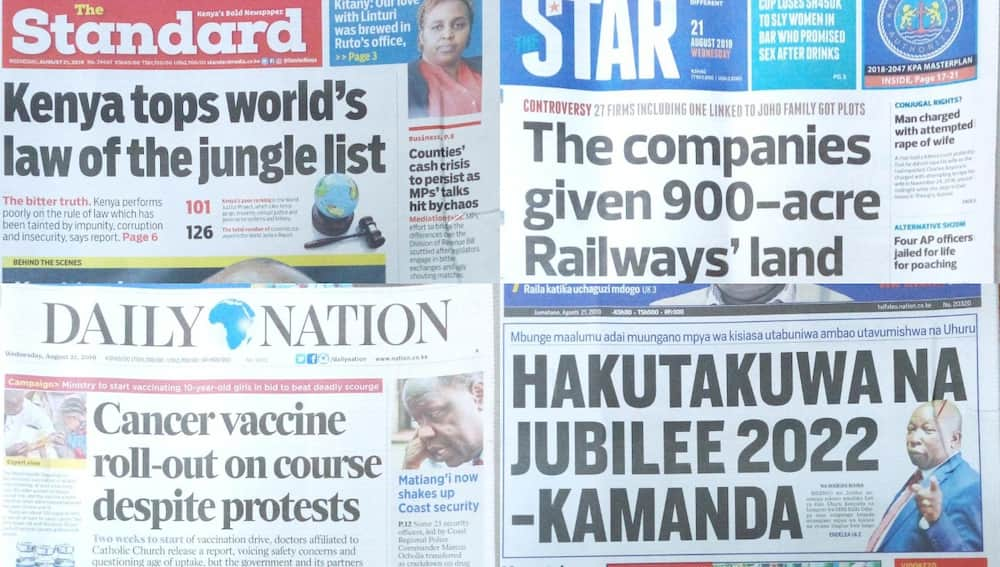 Magazeti ya Kenya Jumatano Agosti 21: Chama cha Jubilee kuvunjwa na kubuniwa upya