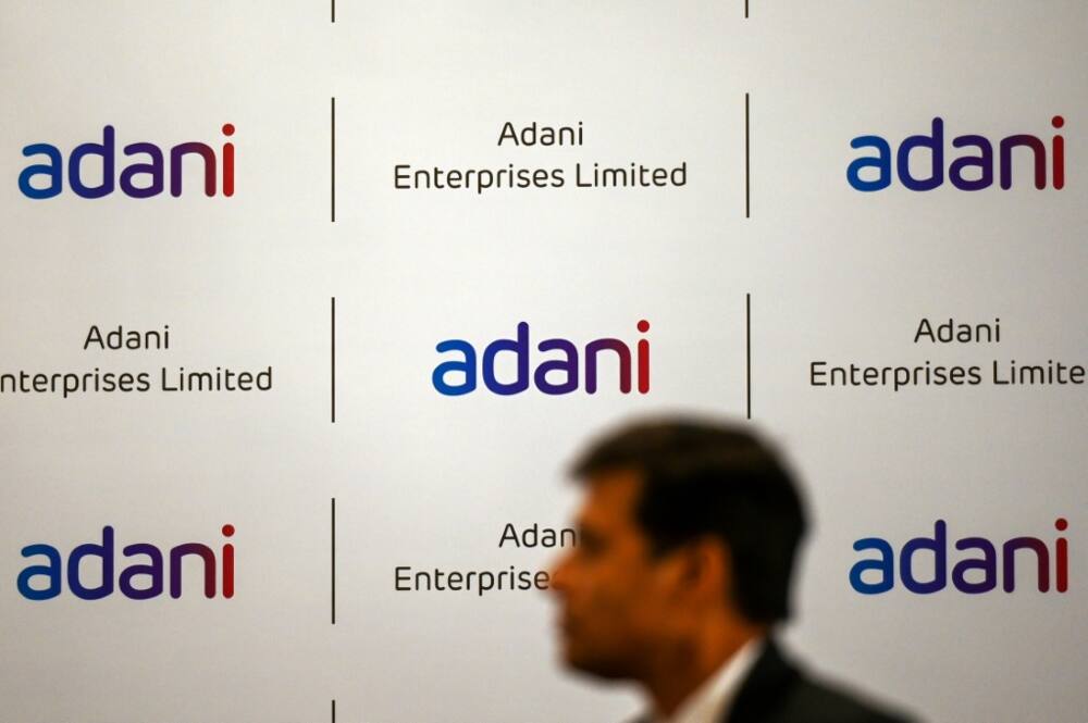 The logo of Adani is seen in Mumbai