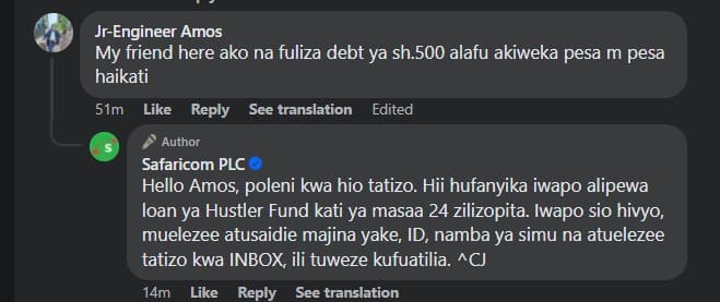 Safaricom said that the exception is when a customer has received Hustler Fund within 24 hours.