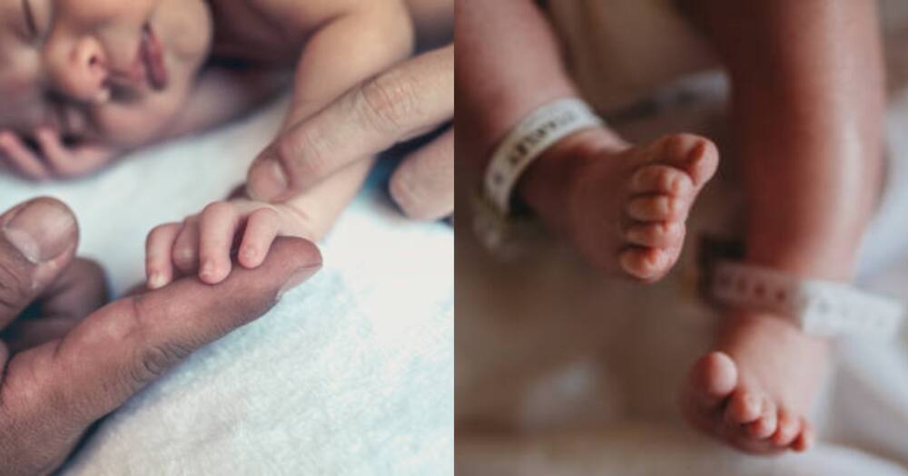 Newborn baby sleeping in a hospital bed.