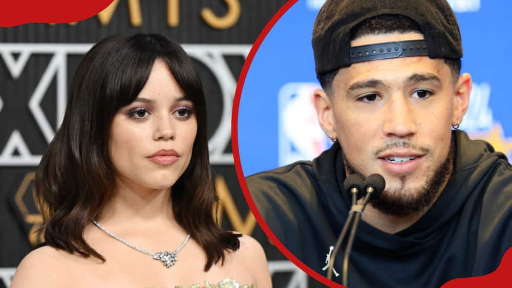 A collage of Jenna Ortega at the 75th Primetime Emmy Awards and Devin Booker at Gainbridge Fieldhouse