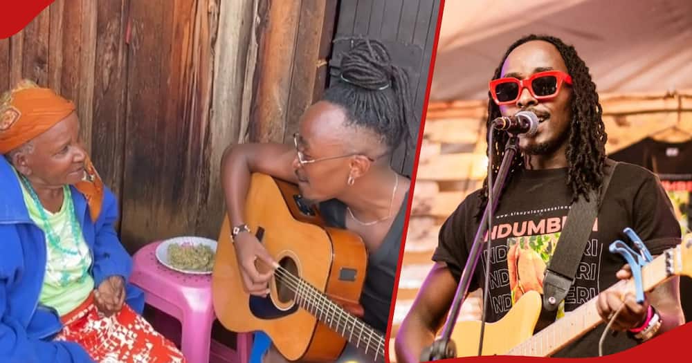 Screengrab of singer Wanjine singing for his grandmother (left). Wanjine performing at an event (right).