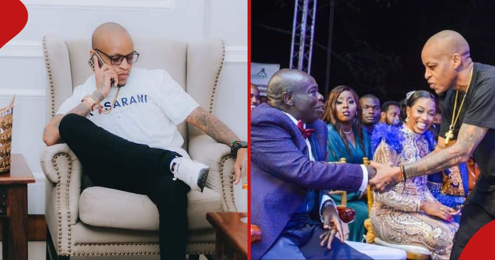 Prezzo in both frames. He says hi to Deputy President Rigathi Gachagua during the Bahatis Empire premiere (right)