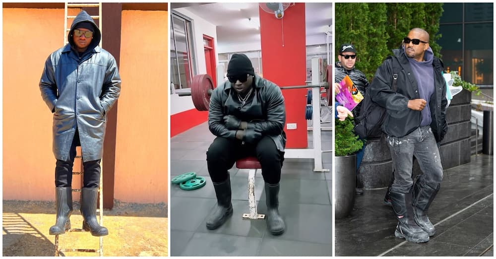 Khaligraph Jones works out in gym in black leather coat, gumboots.