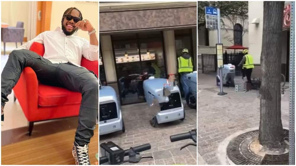 Nigerian comedian sees robot delivery goods by itself, shows amazement in video.