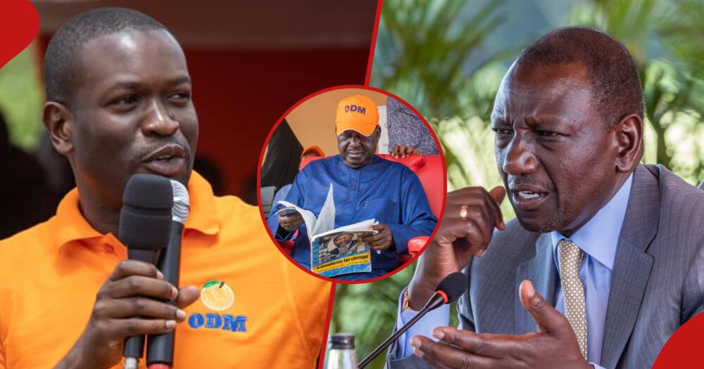 Edwin Sifuna (left frame). William Ruto (right frame), and Raila Odinga (insert). Sifuna is certain about Ruto's loss in 2027, even if Raila misses in the ballot.