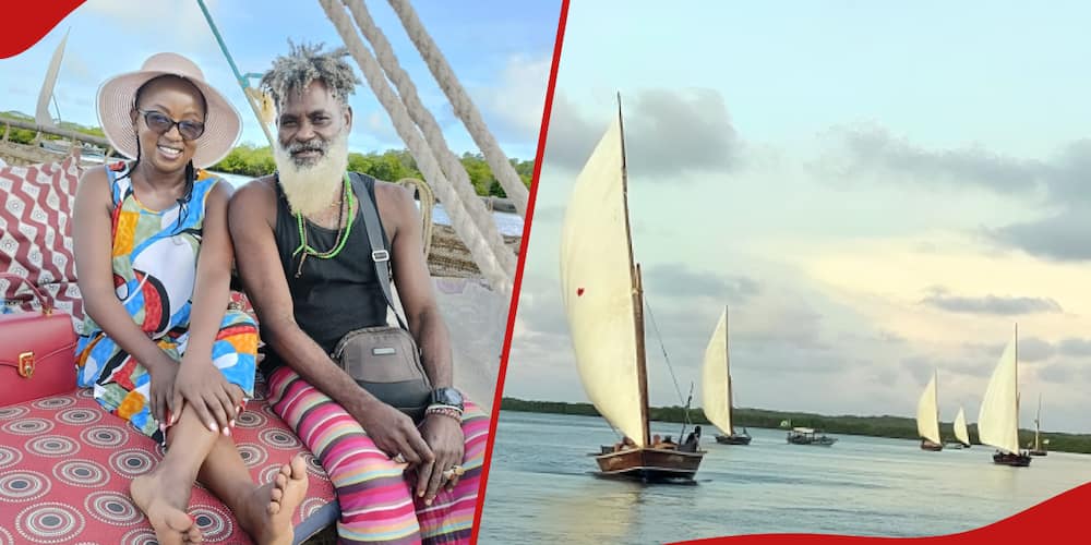 Collage of Winnie Mbesa and Omar Lali on his dhow.