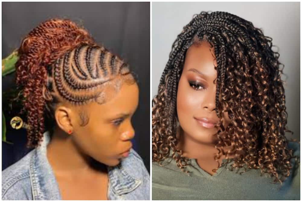 Women with coppery brown lob with braids and curls