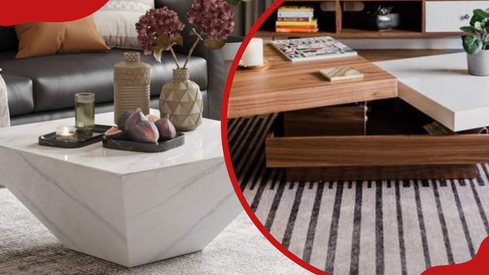 A collage of Trapezoid faux marble coffee table and Andre coffee table