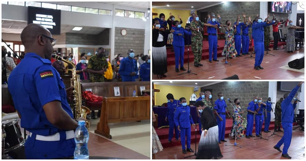 Police officers lead moving service at Nairobi church.