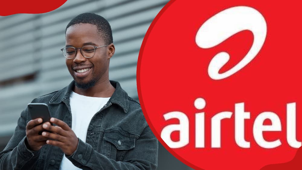 A collage of a man texting on his phone and Airtel logo