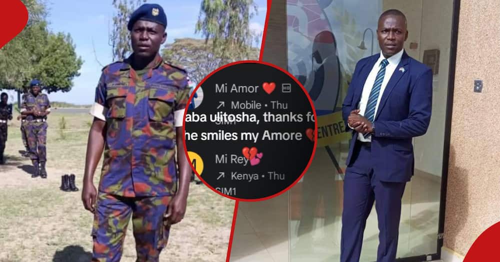 Sergeant Cliphonce Omondi (pictured in both frames), insert shows screenshot of Omondi's last call with wife.