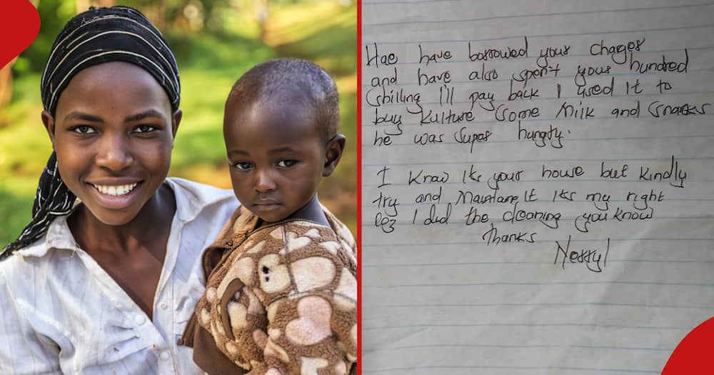 Young lady holding a baby (l). Mama fua's letter to her boss (r).