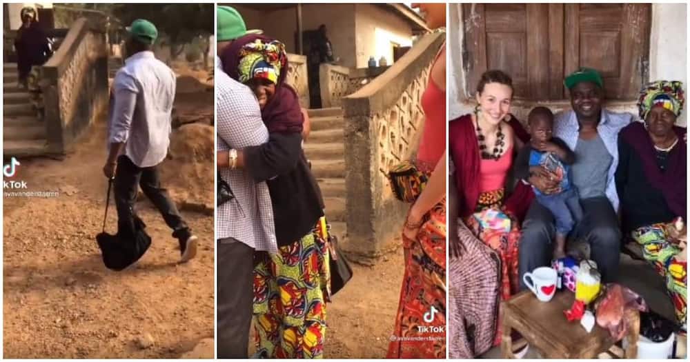 Emotional video shows woman break down in tears as son returns home after 13 years in Canada with a beautiful Oyinbo lady.