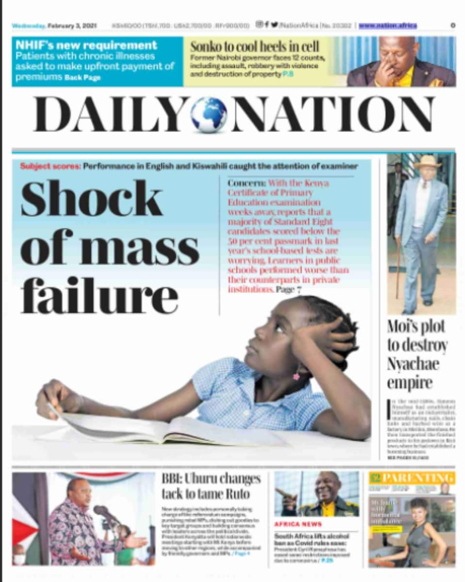Kenyan newspapers review for February 3: KCPE candidates register massive failure in tests ahead of national exam