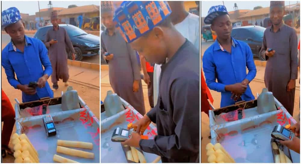 Photos of a sugarcane seller using a a credit card machine.