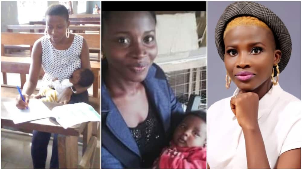 Mother breastfeeds baby in one hand as she write final exams in another, Nigerians react.