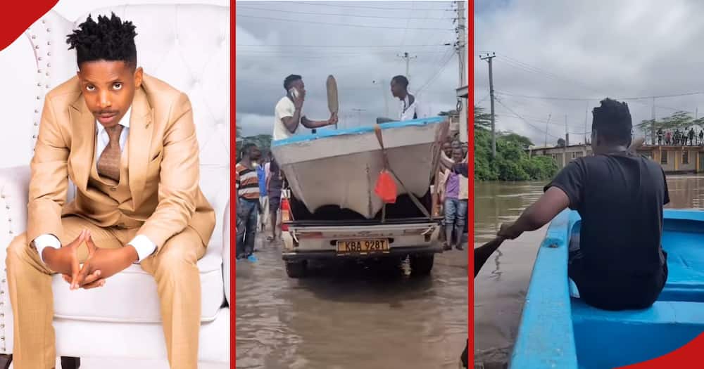 Eric Omondi poses for a photo (left), a boat is ferried on a pickup truck to a flood stricken area in Athi River (centre), and Omondi paddles the small boat to rescue people trapped by the floods (right).