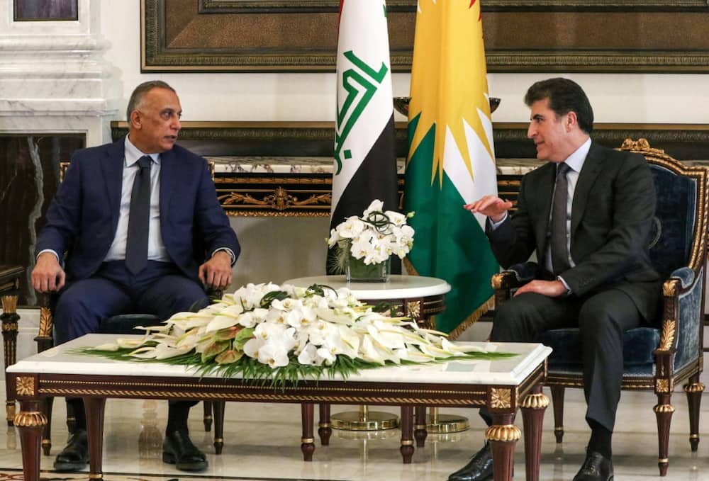 The President of Iraq's autonomous Kurdistan Region Nechirvan Barzani (R) met with Iraqi Prime Minister Mustafa al-Kadhemi in Arbil
