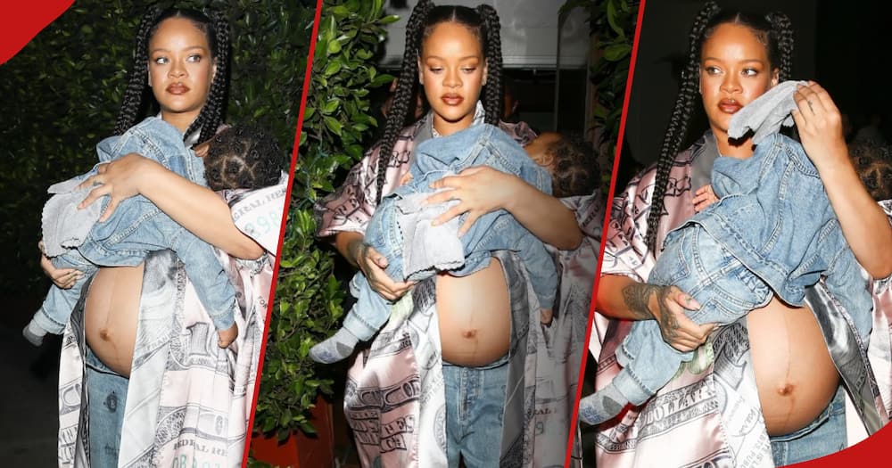 Pregnant Rihanna steps out for dinner with son sleeping on her arms