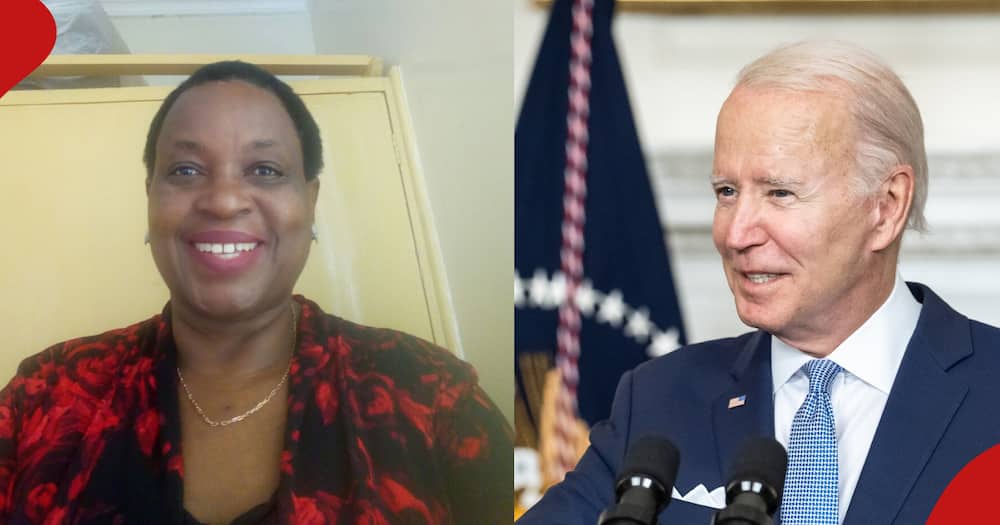 Truphena Moraa (left frame). She has urged President Joe Biden (right frame) to stop Kenya from carrying out Haiti mission.