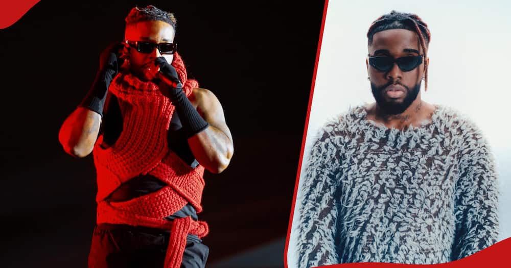 The left frame shows Congolese star on stage during Raha Fest and the right frame shows him during a photoshoot.