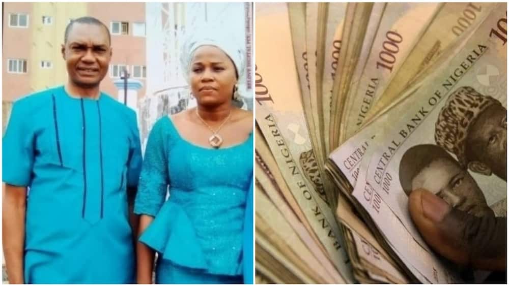 A collage of the woman and husband with illustrative naira notes. Photos source: News Express/Business Day