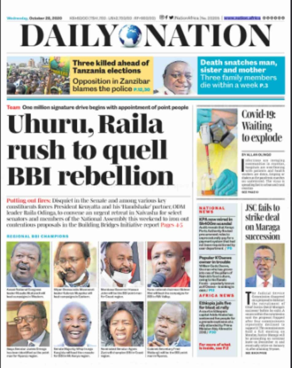 Newspapers Uhuru Raila Take Bbi To Naivasha To Iron Out Issues