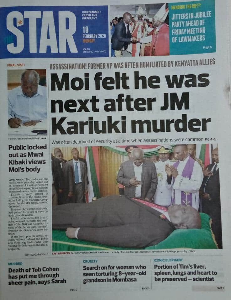 Kenyan newspapers review for February 10: Moi flew with chefs abroad to prepare him ugali, sukuma wiki