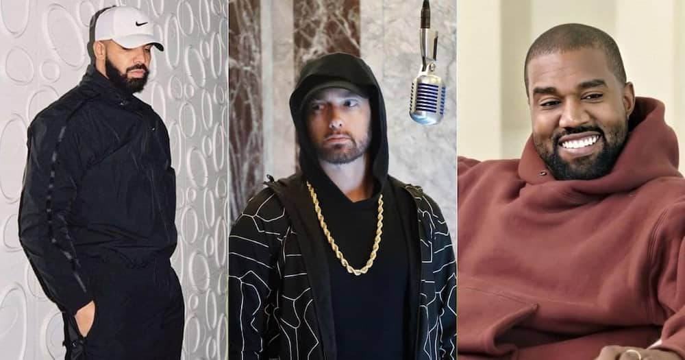 Drake (l), Eminem and Kanye West (r).