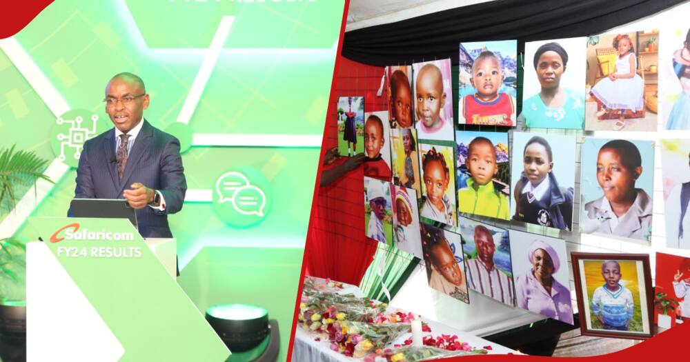 Safaricom CEO Peter Ndegwa (l). On the right frame are pictures of victims who died after flooding in Mai Mahiu.