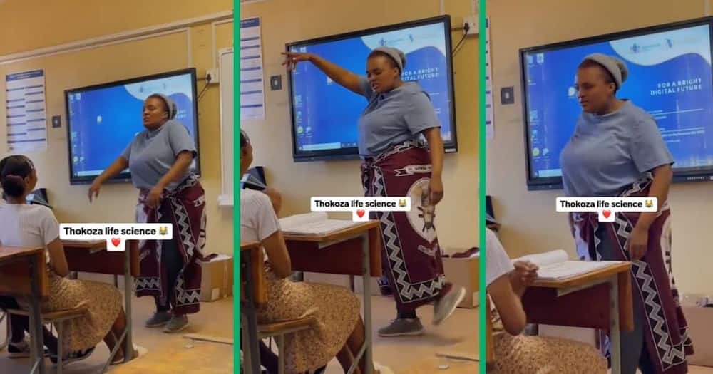 Un vídeo de TikTok muestra a una profesora envuelta en ropa de lesu realizando un divertido truco para los alumnos en clase.