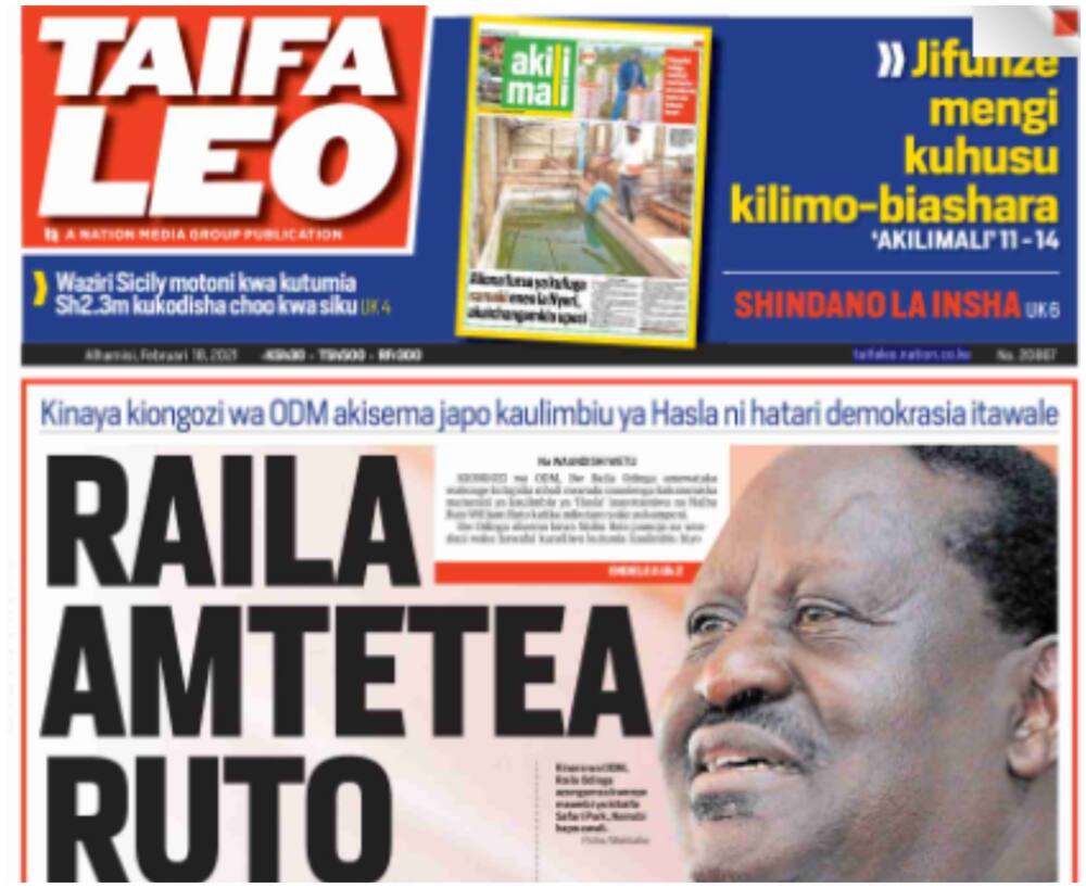 Taifa Leo newspaper February 18. Photo: UGC.