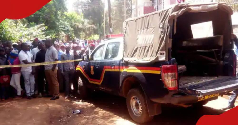Police van parked at a crime scene as people gather to witness the aftermath of a crime.