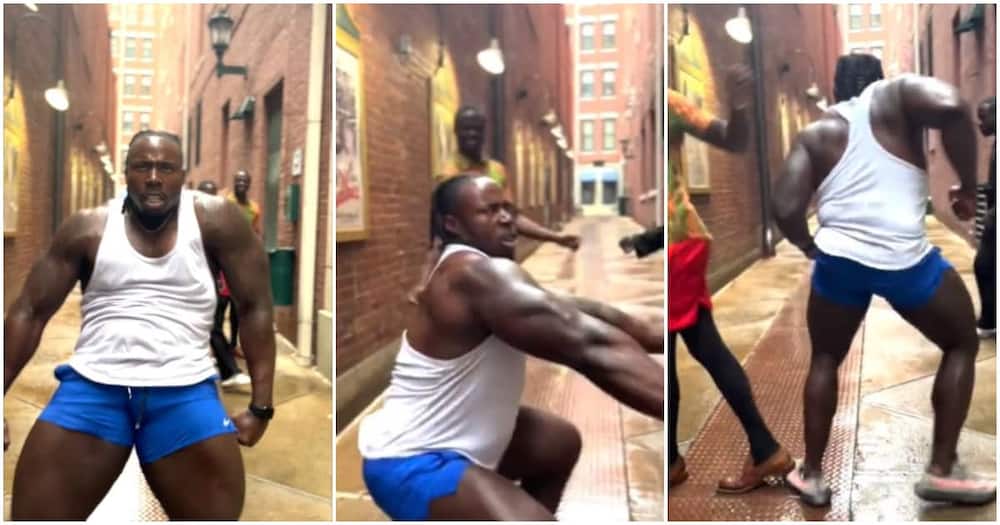 Reactions trail video of muscular man twerking hard to a Nigerian song.