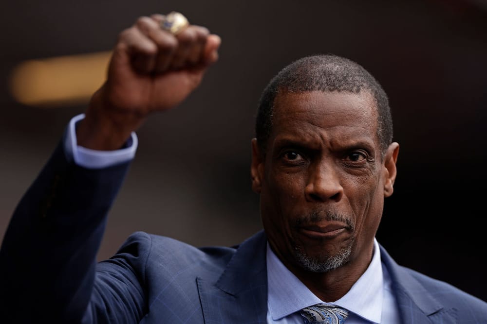 Dwight 'Doc' Gooden reacts during a pregame ceremony to retire his jersey number by the New York Mets before a game against the Kansas City Royals at Citi Field on April 14, 2024 in New York City.