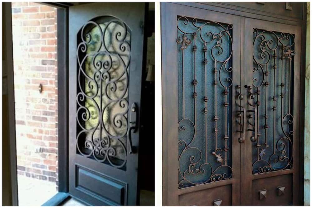 Rustic steel door design with decorative grills and wrought iron accent