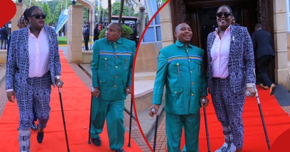 Collage photos of EALA MPs David Ole Sankok and Winnie Odinga strolling to parliament.