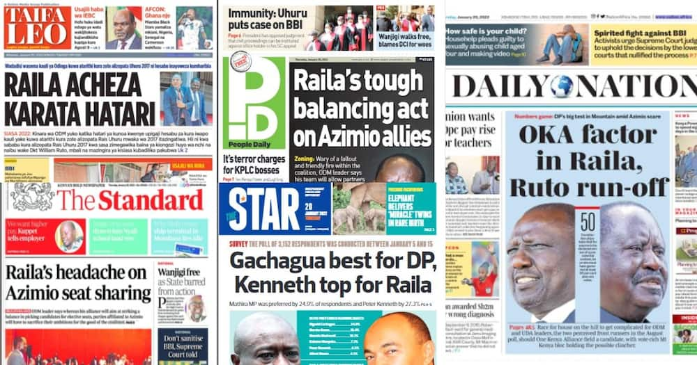 Kenyan newspapers. Photo: The Standard, Daily Nation, People Daily, The Star and Taifa Leo.