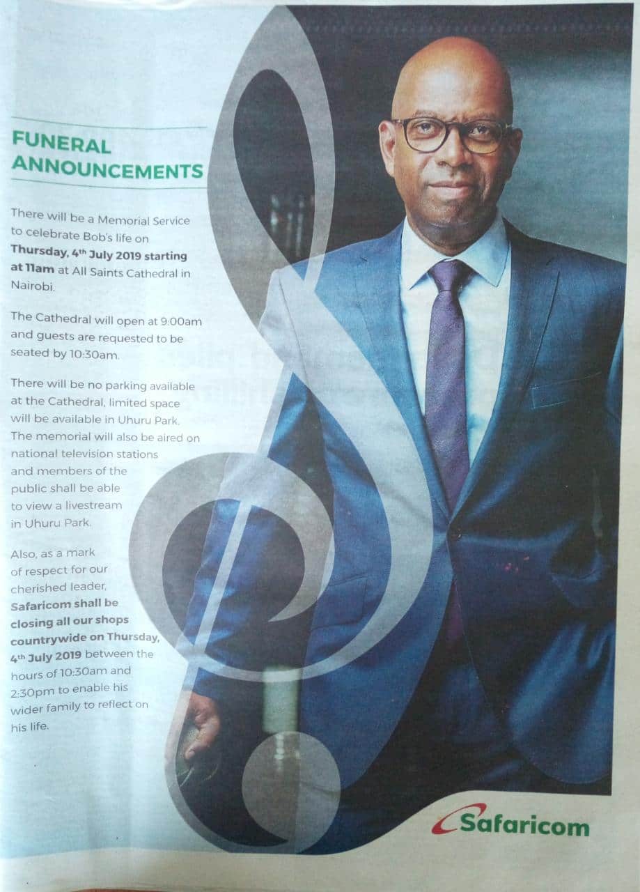 Bob Collymore: All Safaricom shops to close on Thursday during late CEO's memorial