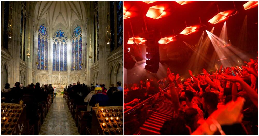 A congretation in church (l) and people out partying (r). Photo: Artem Vorobiev, Lluis Gene.