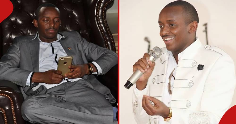 Pastor James Wanjohi goes through his phone (left). The pastor speaking at an event (right).