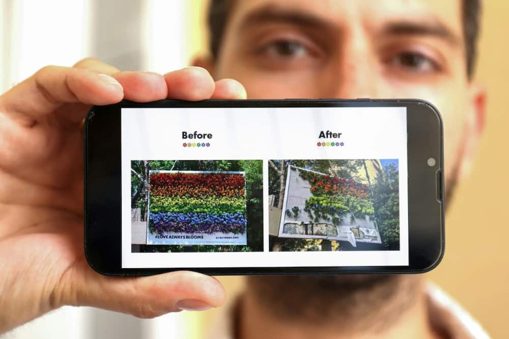 A picture of before and after a rainbow billboard created by the Beirut Pride platform was vandalised