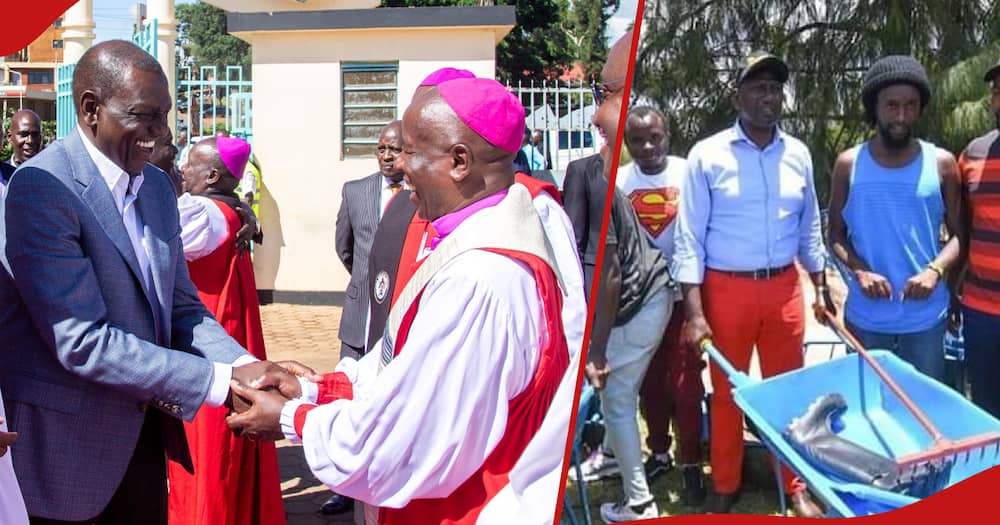 President Ruto and Bishop Kagunda (left) and Ruto pushing wheelbarrow (right)