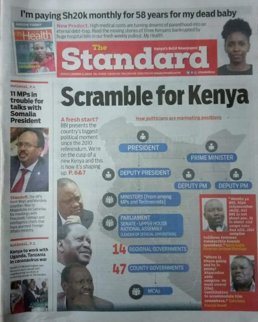 Kenyan newspapers review for March 2: 11 MPs on secret visit to Somalia stare at treason charges