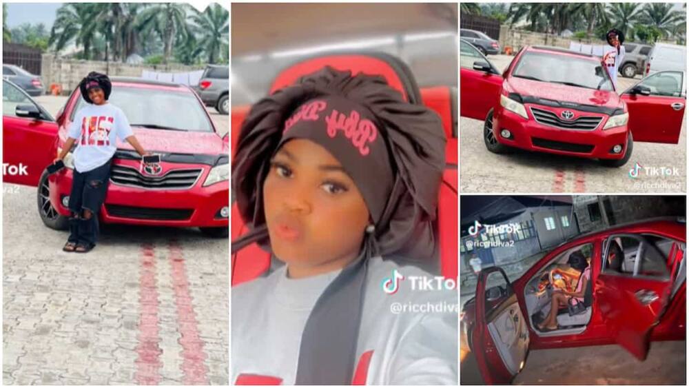 Lady buys Toyota car/ red Toyota Camry