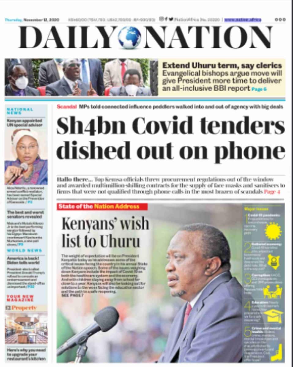 Kenyan newspapers review for November 12: KEMSA managers admit tender worth KSh 3.9 billion was issued via phone