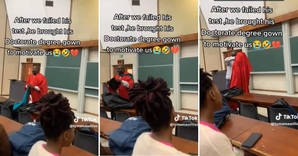 TikTok user @tymamawillies shared a video showing her professor dressed up, claiming he lost this battle